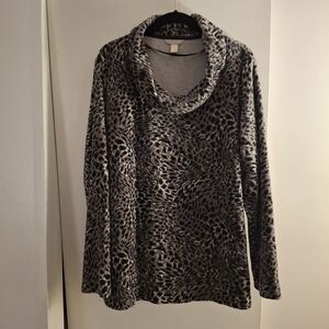 White Stag Women's Gray and Black Leopard Print Cowl Neck Sweater